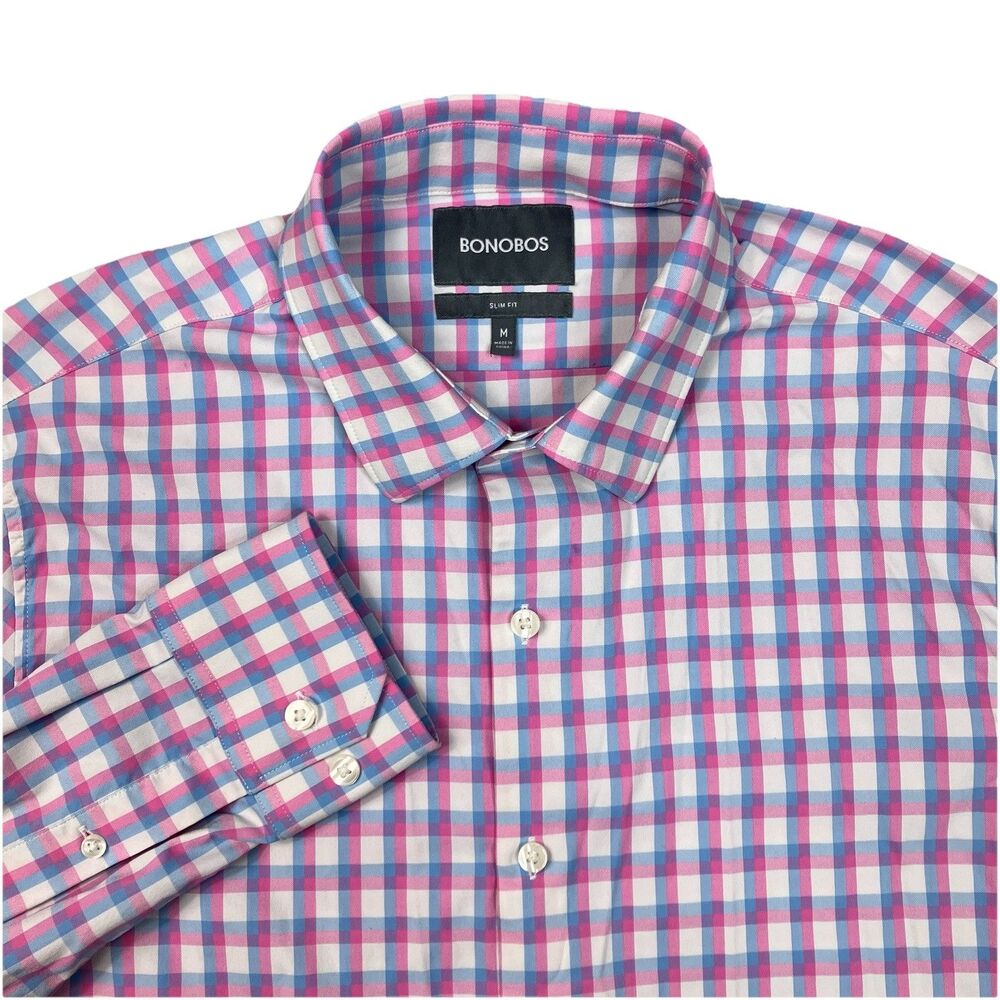 Bonobos Button Down Shirt Mens M Pink Blue Plaid Slim Fit Stretch Casual